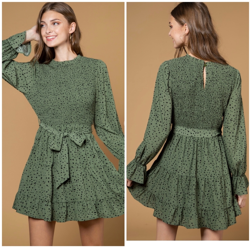 FEW LEFT❗️NEW IN By Very J Olive Ditzy Dots Long Sleeves Short Dress - Picture 14 of 14